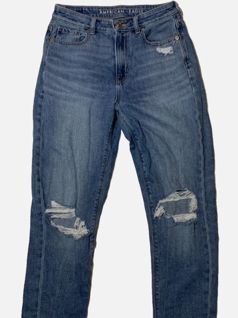 American Eagle Mom Jean Distressed Ripped Denim Blue Size 0 Regular Stretch